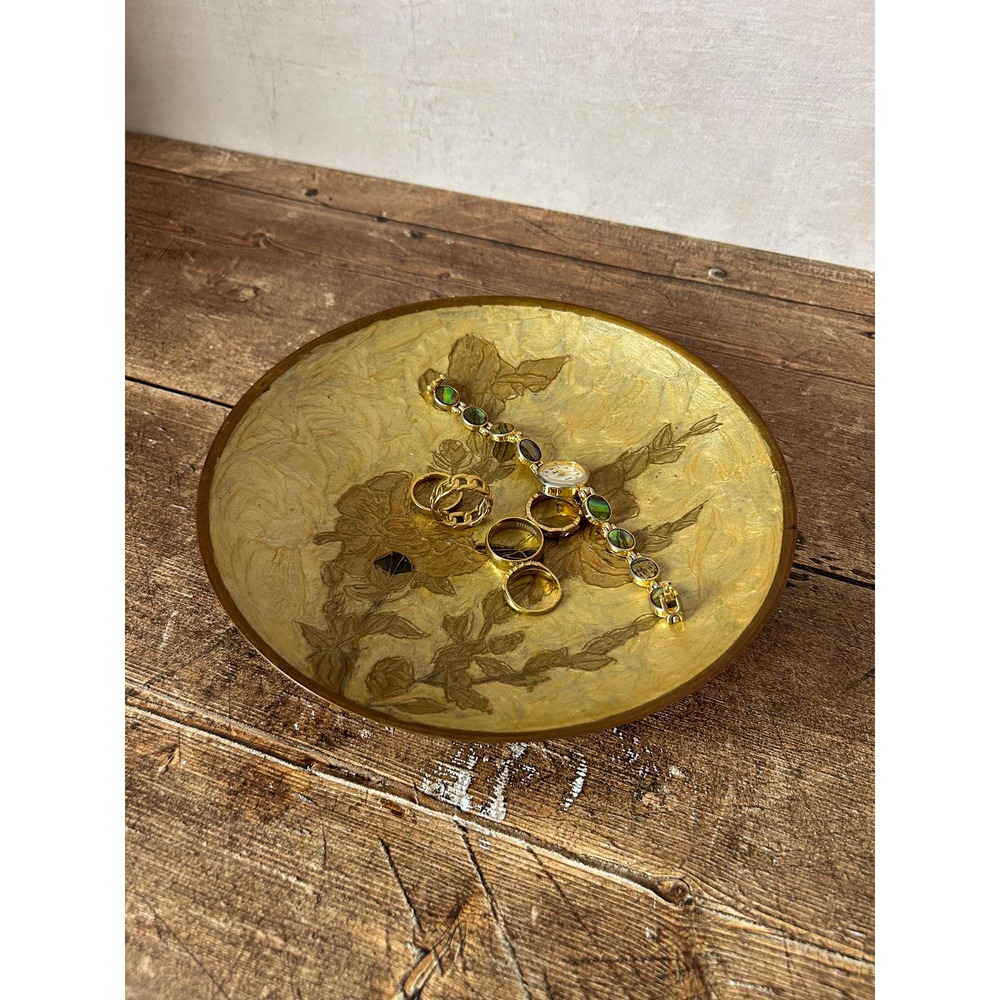 Vintage Solid Brass Floral Pedestal Jewelry Tray - Bowl Centerpiece Footed Dish